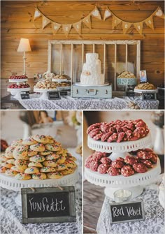 the dessert table is set up with different types of pastries and cookies on it