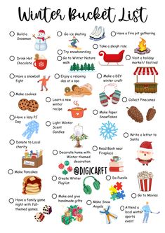 the winter bucket list is shown with pictures and words to help kids learn how to use it