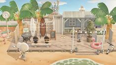 an animated beach scene with various items on the ground and palm trees in the background