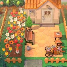 an animal crossing game with flowers and benches