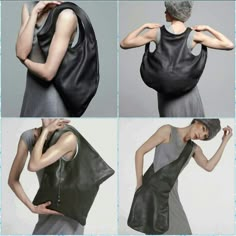 four photos of a woman wearing a black leather tote bag with her hands on her hips