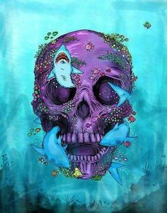 an image of a purple skull with flowers on it's head and the words love skulls