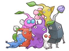 an image of some cartoon animals with flowers on their heads and leaves growing out of them