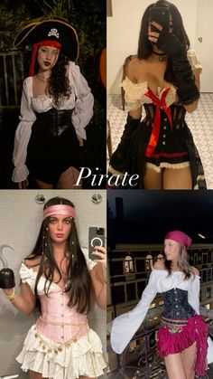 four different pictures of women dressed in pirate costumes, one is holding a camera and the other has a hat