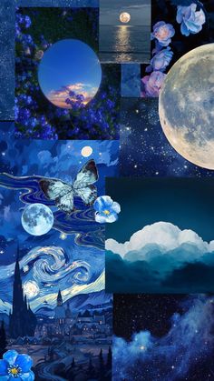 a collage of images with the moon and stars in them, including blue flowers