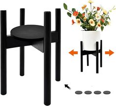 two black tables with flowers in them and an arrow pointing to the top one that has a flower pot on it