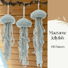 three crocheted jellyfish hanging from a branch with the caption macrame jellyfish diy pattern