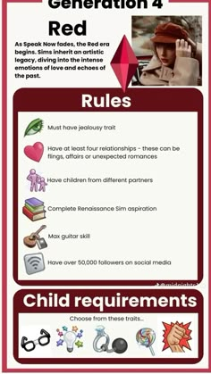 a red and white poster with instructions on how to use the rules for children's activities