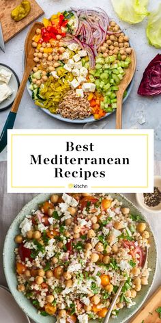 two plates filled with different types of food and the words best mediterranean recipes above them