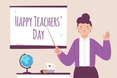 a woman teacher standing in front of a whiteboard with the words happy teachers day written on it