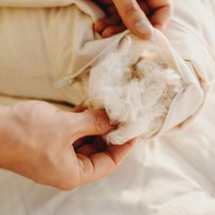 a person is removing cotton from a bed