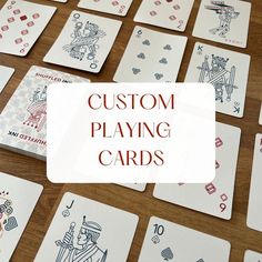 playing cards with the words custom card games on them and an image of people holding cards