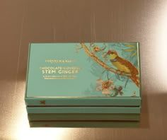 a blue box with an image of a bird on it