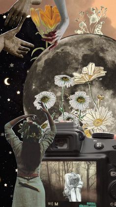 a woman holding a camera in front of a full moon with flowers growing out of it