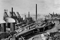 black and white photograph of an industrial area