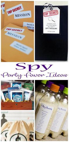 several different pictures with labels on them and some items in the bag that are labeled spy party favors - ideas