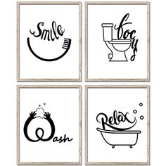 four black and white bathroom wall art prints with the words smile, relax, relax