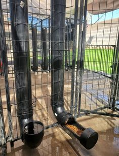 the inside of a caged in dog park with food and water on the floor