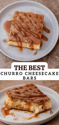 the best churro cheesecake bars with caramel drizzled on top