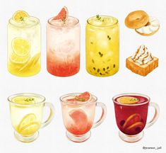 watercolor painting of different types of drinks in glass mugs with slices of fruit and bread on the side