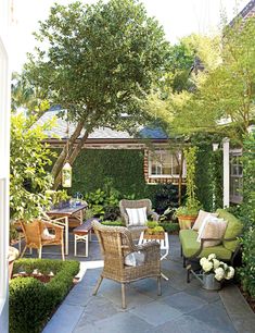 an outdoor living area with chairs, tables and plants on the side of the house