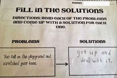 a piece of paper with writing on it that says fill in the solutions directions read each of the problems and come up with a solution for each one