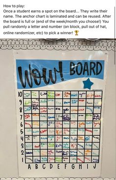 a bulletin board with the words wow board written in black and white letters on it