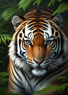 a tiger is standing in front of some green leaves