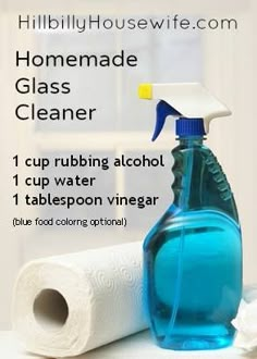 a bottle of homemade glass cleaner next to a roll of toilet paper