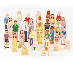 a group of wooden people standing next to each other in front of a white background