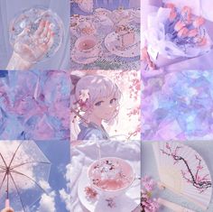 the collage shows many different pictures with pink flowers and blue sky in the background