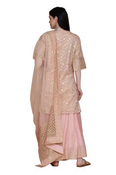 Soft peach georgette kurta with zari, resham thread and aari embroidery. Comes with sharara and a dupatta. - Aza Fashions Kurta And Sharara, Georgette Kurta, Kurta Sharara Set, Kurta Sharara, Aari Embroidery, Sharara Set, Set For Women, Aza Fashion, Three Quarter