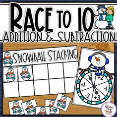 a snowman themed addition and subtraction game for the race to 10 fractions