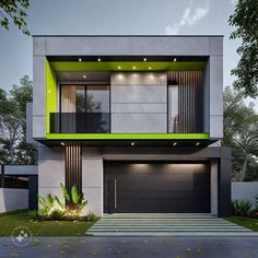 a modern house with green and white accents