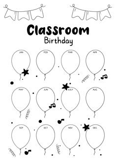 a classroom birthday card with balloons and streamers in black ink on a white background