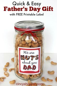 a father's day gift with free printable label in a jar filled with peanuts