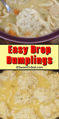 a bowl of soup with dumplings in it and the title overlay reads easy drop dumpings