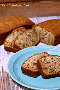 slices of banana bread on a blue plate