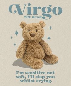 a brown teddy bear sitting in front of a white background with the words virgo on it