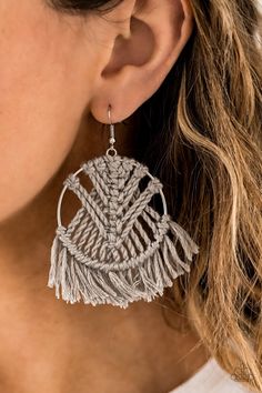 All About Macrame - Silver Macrame Earrings, Paparazzi Accessories, Bling by JessieK Macrame Earrings Tutorial, Paparazzi Accessories Jewelry, Fringe Earring, Crochet Earrings Pattern, Nickel Free Jewelry, Macrame Patterns Tutorials, Macrame Earrings, Fish Hook Earrings, Paparazzi Accessories