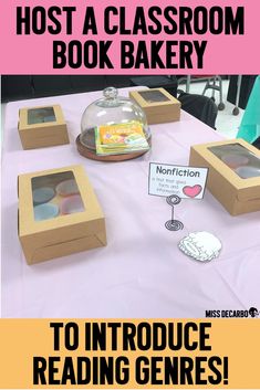 there is a table with books on it and the words how to host a classroom book bakery