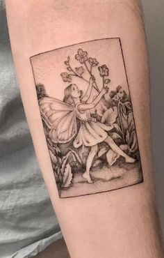 a black and white drawing of a fairy with flowers on her arm