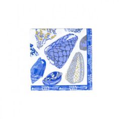 a blue and white napkin with different designs on it