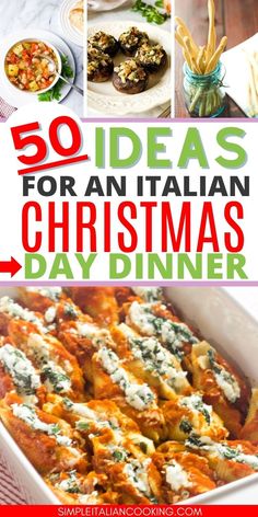 the cover of 50 ideas for an italian christmas dinner, with images of different dishes