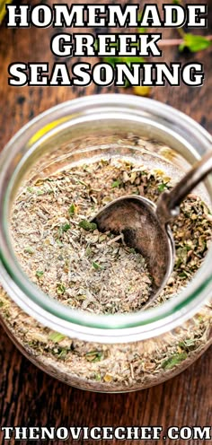 homemade greek seasoning in a glass jar with a spoon on the side and text overlay that reads homemade greek seasoning