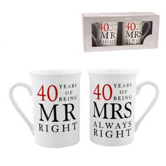 two coffee mugs with the words 40 years of being mr and mrs always right