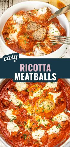 two pictures with different types of meatballs in them and the words easy ricotta meatballs