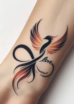 a tattoo on the foot of a woman with an orange and black bird