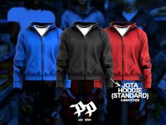 three different colored hoodies on display in front of a dark background with the words jotta hoodie standard