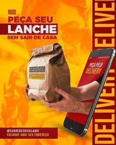 a person holding a brown paper bag in front of a cell phone with the text peca seu lanche sem sair de casa